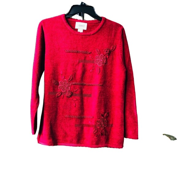 JENNY SIZE M RED FLORAL SWEATER PULL OVER, LONG SLEEVE, VERY SOFT, NICE DESING. - Picture 1 of 11